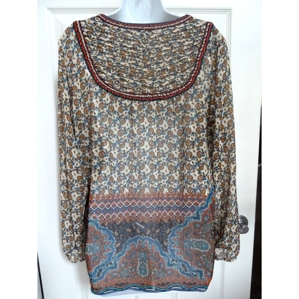 Daniel Rainn Braided Pin-Tucked Boho Paisley Peasant Blouse Multicolor L - Picture 4 of 7